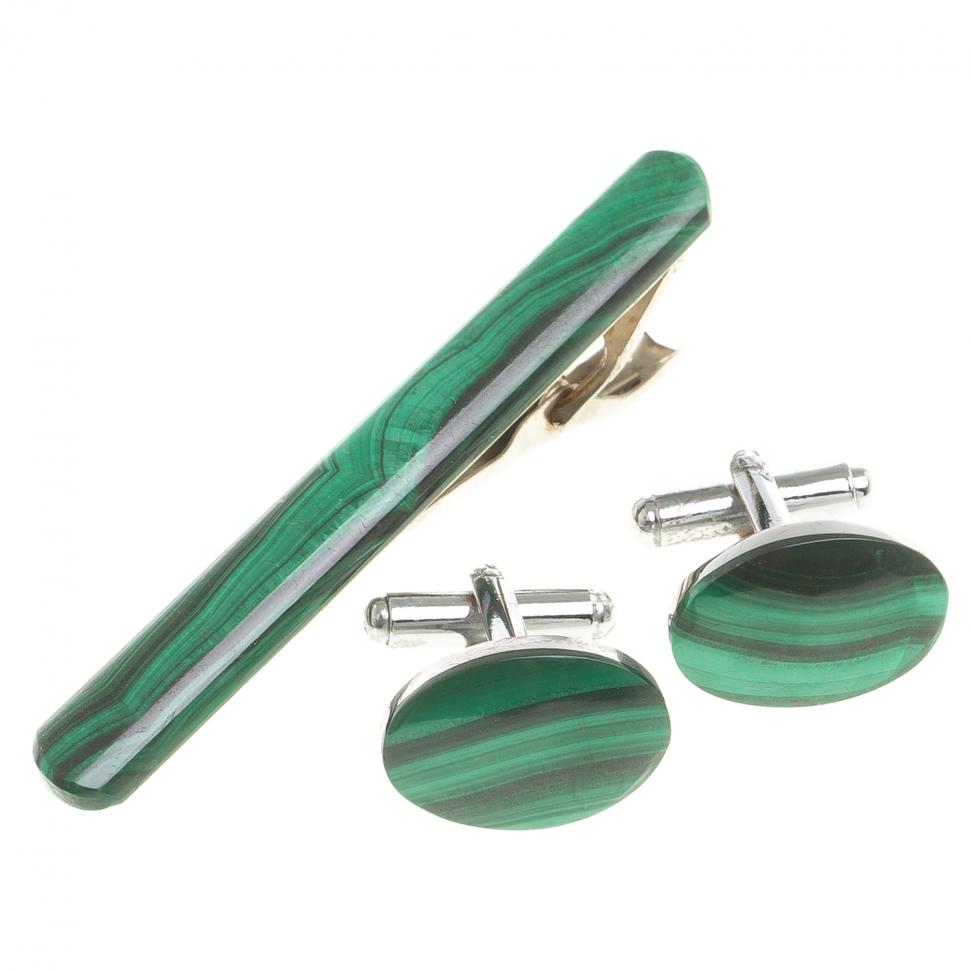 Набор запонки овальные и зажим для галстука малахит фото 1 — 