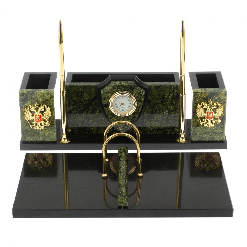 Настольный прибор "Щит" камень змеевик с символикой РФ фото 1 — 