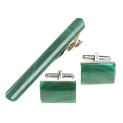 Набор запонки прямоугольные и зажим для галстука малахит — 