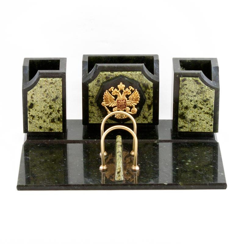 Письменный набор "Оптима" с гербом РФ камень змеевик фото 1 — 