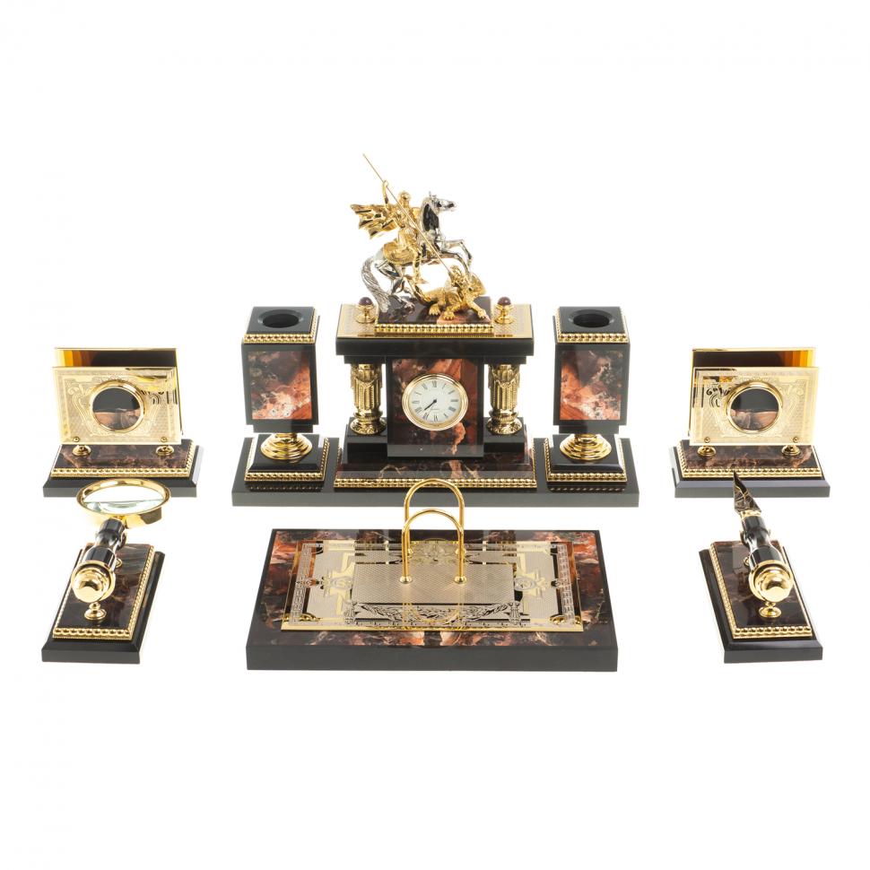 Настольный набор из камня яшма "Георгий Победоносец" фото 1 — 