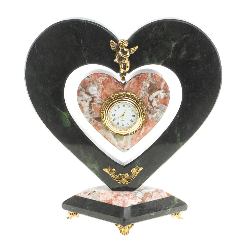 Часы "Сердце с ангелом" мрамор змеевик фото 1 — 