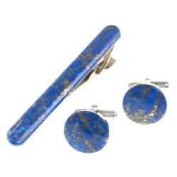 Комплект зажим для галстука и запонки круглые лазурит — 