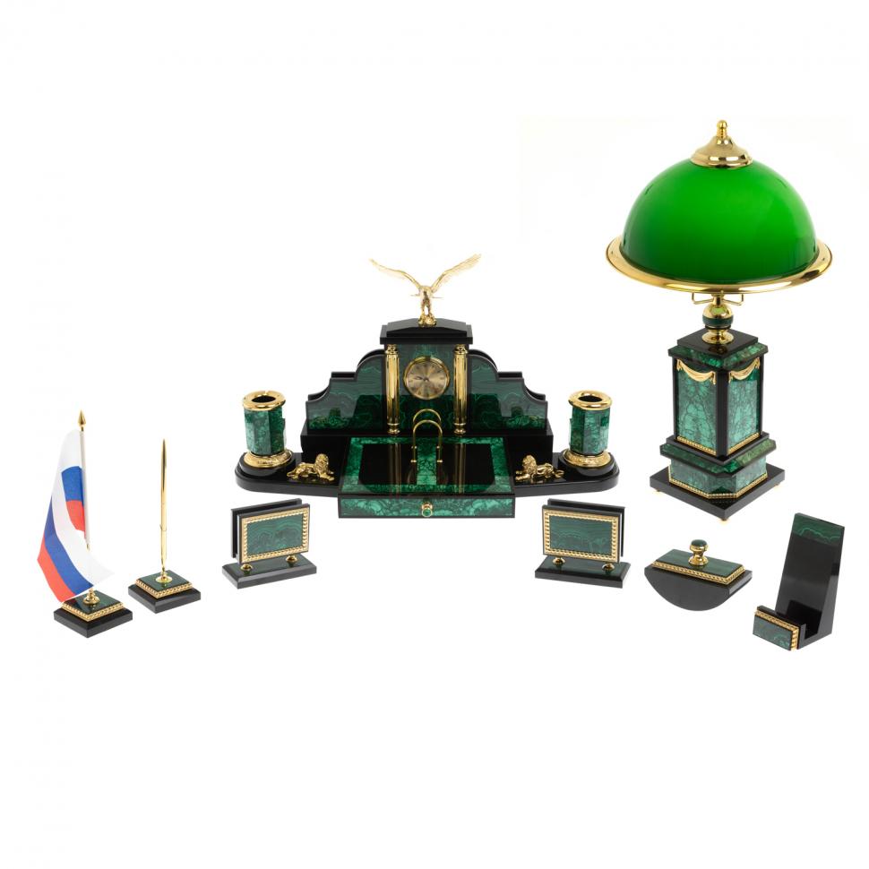 Письменный набор "Президентский" из малахита с лампой фото 1 — 
