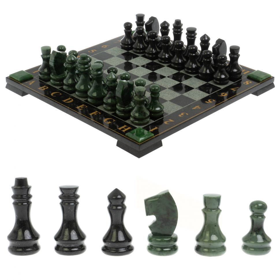 Шахматы с гравировкой "Турнирные" доска 42х42 см нефрит, габбро фото 1 — 