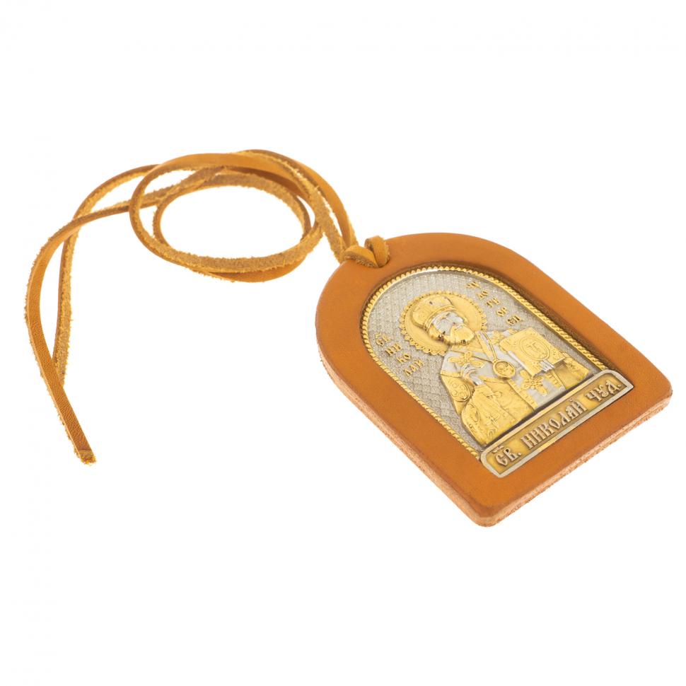 Оберег в машину с иконой "Николай Чудотворец" коричневая кожа Златоуст фото 1 — 