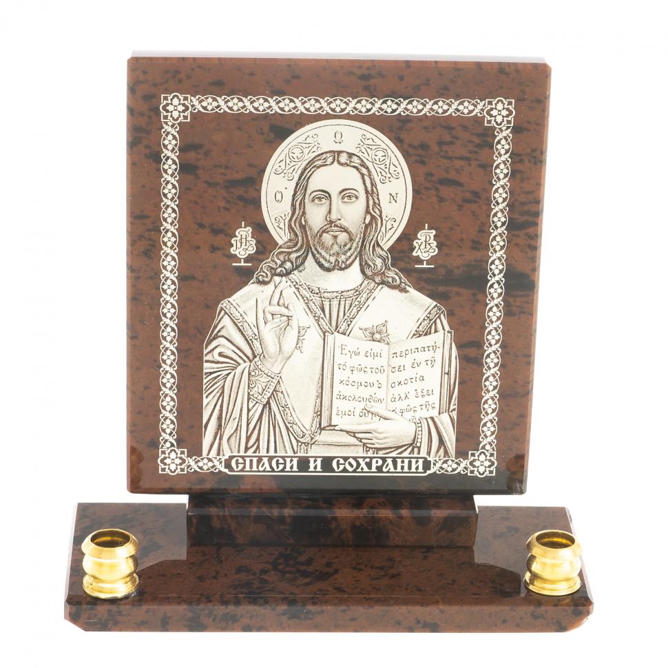 Икона настольная "Спаси и сохрани" из обсидиана с подсвечниками фото 1 — 