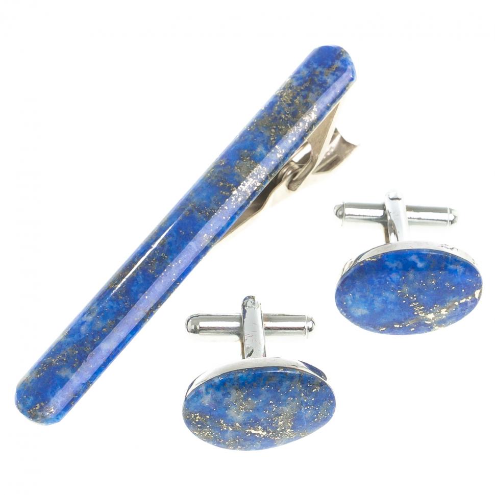 Комплект зажим для галстука и запонки овальные лазурит фото 1 — 