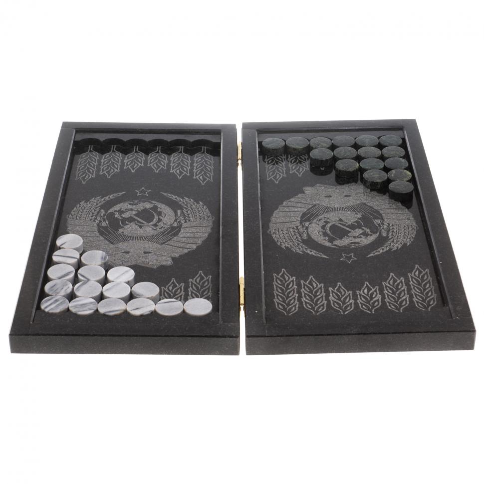 Нарды с гравировкой "Герб СССР / герб РФ" камень гранит фото 1 — 