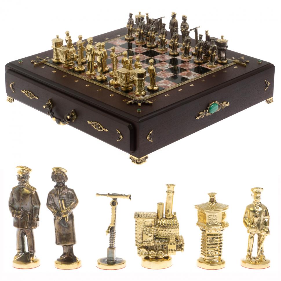 Шахматный ларец "Железнодорожники" фигуры бронза камень креноид фото 1 — 