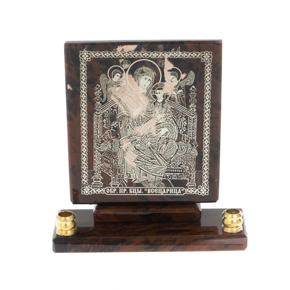 Икона настольная "Всецарица" из обсидиана с подсвечниками фото 1 — 