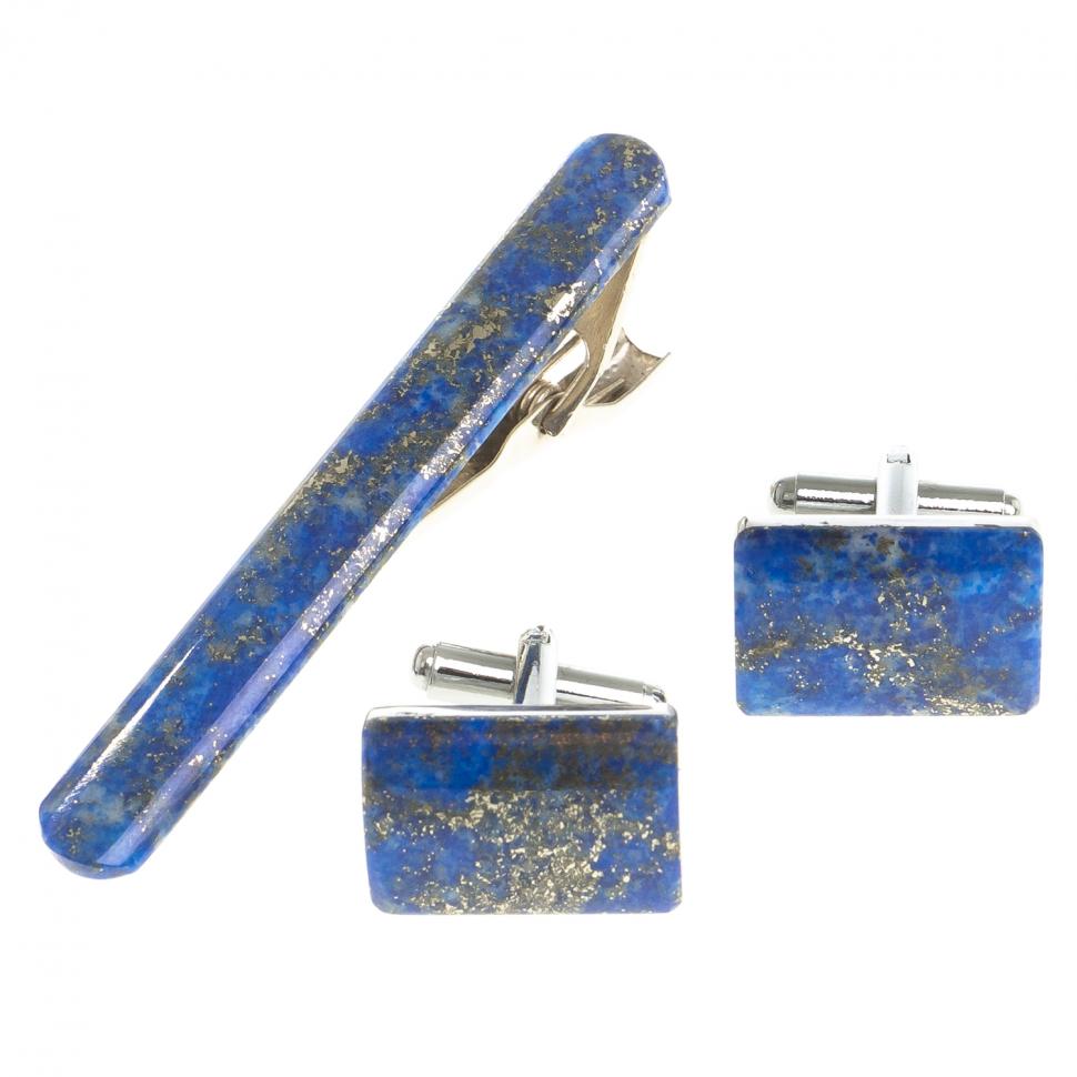 Набор запонки прямоугольные и зажим для галстука лазурит фото 1 — 