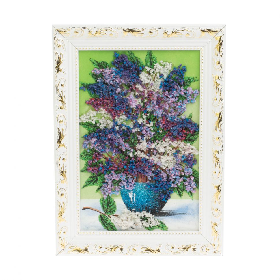 Картина из каменной крошки "Букет сирени" 20х30 см в багете зеленый фон фото 1 — 