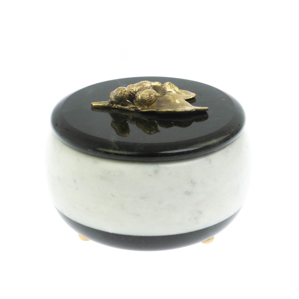 Шкатулка круглая "Желуди" из мрамора и змеевика 10,5х10,5х7,5 см фото 1 — 