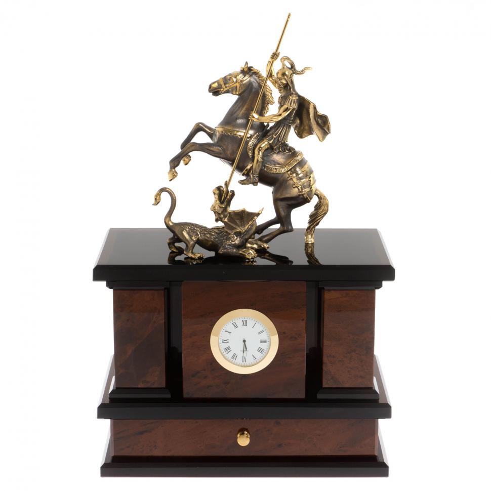 Каминные часы "Георгий Победоносец" из обсидиана фото 1 — 