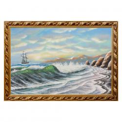 Картина &quot;Пейзаж с парусником и скалами&quot; багет 46х66 см, каменная крошка — 