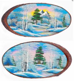 Панно на срезе дерева &quot;Зима&quot; горизонтальное 60-65 см каменная крошка — 