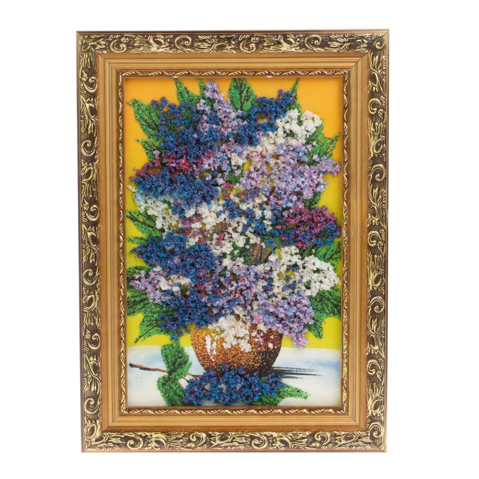 Картина из каменной крошки "Букет сирени" 20х30 см в багете оранжевый фон фото 1 — 