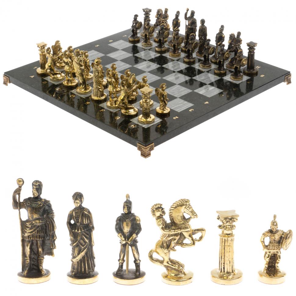 Шахматы из бронзы "Римские" доска 44х44 см из серого мрамора фото 1 — 