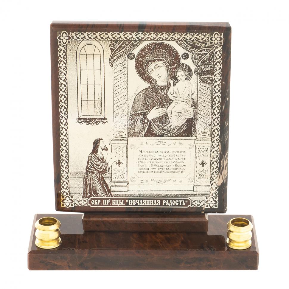 Икона настольная "Нечаянная радость" из обсидиана с подсвечниками фото 1 — 