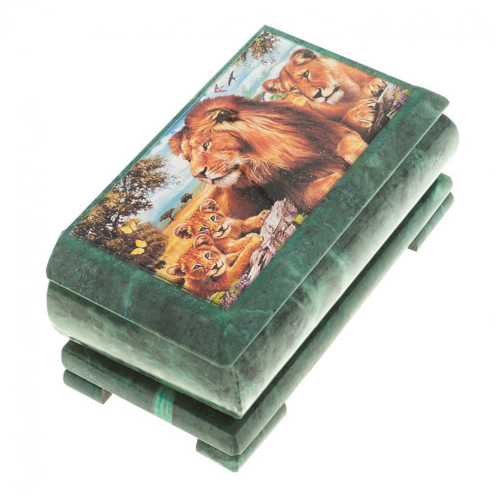 Шкатулка с иллюстрацией "Семейство львов" камень змеевик 17,5х9,5х7,5 см фото 1 — 