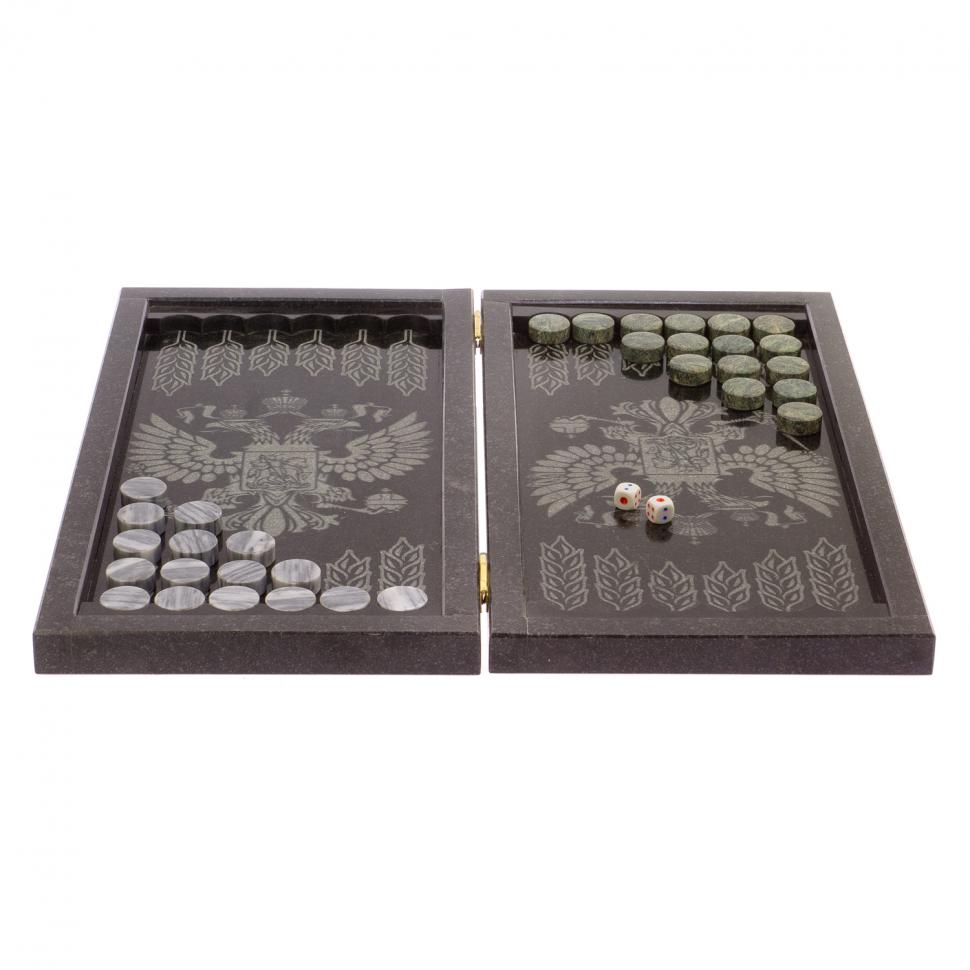 Нарды с гравировкой "Русский мишка / герб РФ" камень гранит фото 1 — 