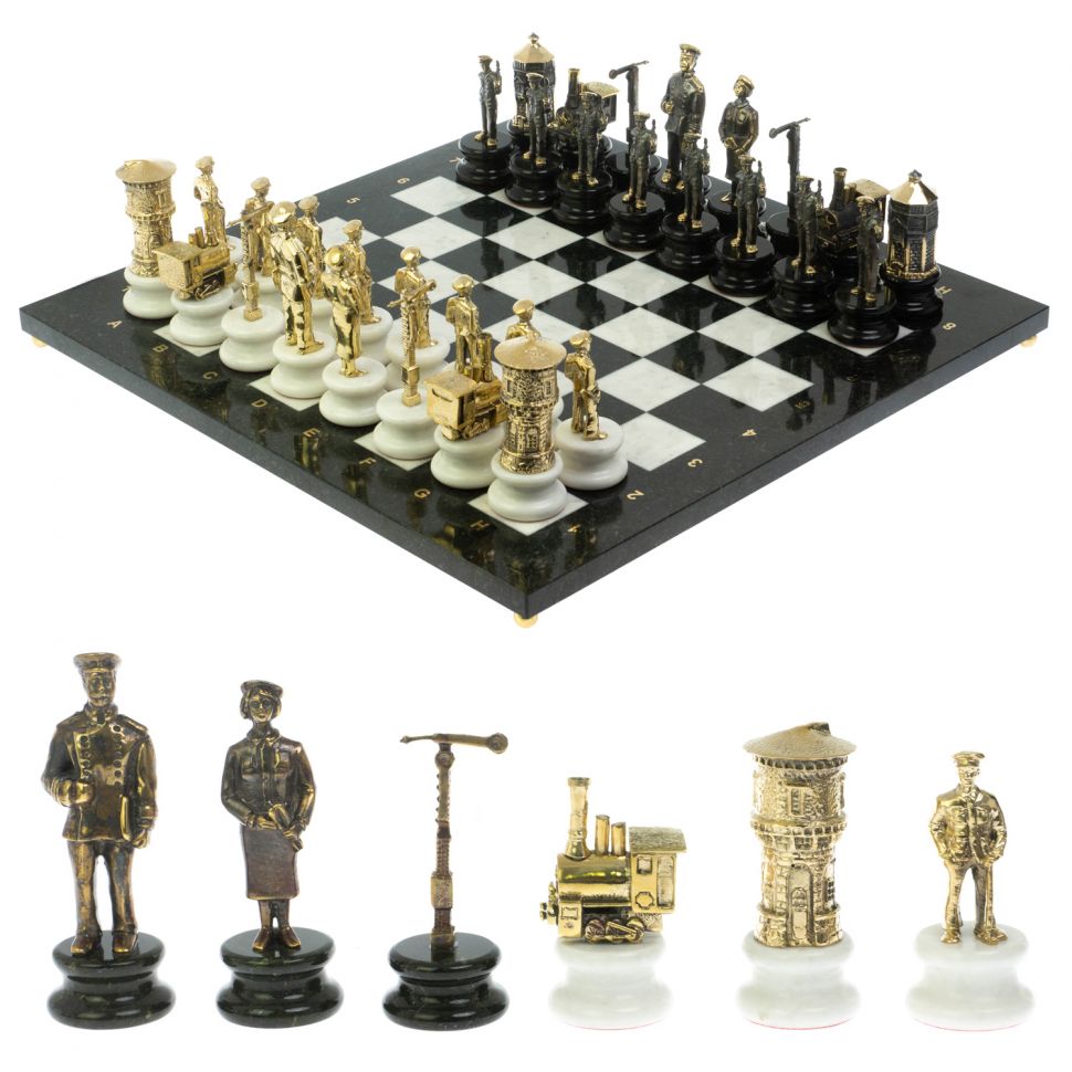 Шахматы подарочные "Железнодорожники" из бронзы и мрамора доска 48х48 см фото 1 — 