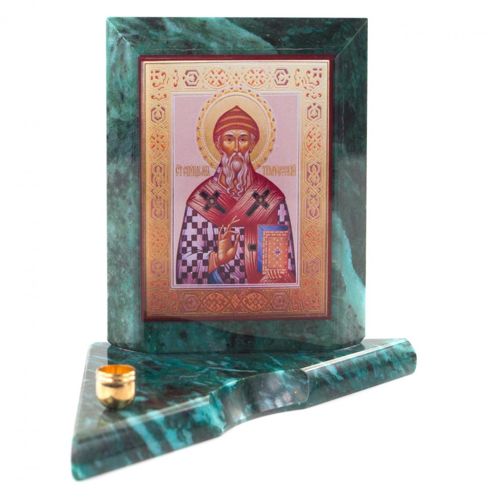 Икона с подсвечником Спиридон Тримифунтский из змеевика малая фото 1 — 