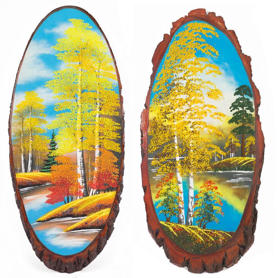 Панно на срезе дерева "Осень" вертикальное 80-85 см каменная крошка фото 1 — 