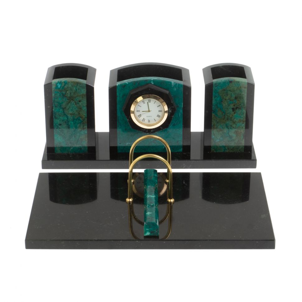 Настольный набор "Канцелярский" змеевик с часами фото 1 — 