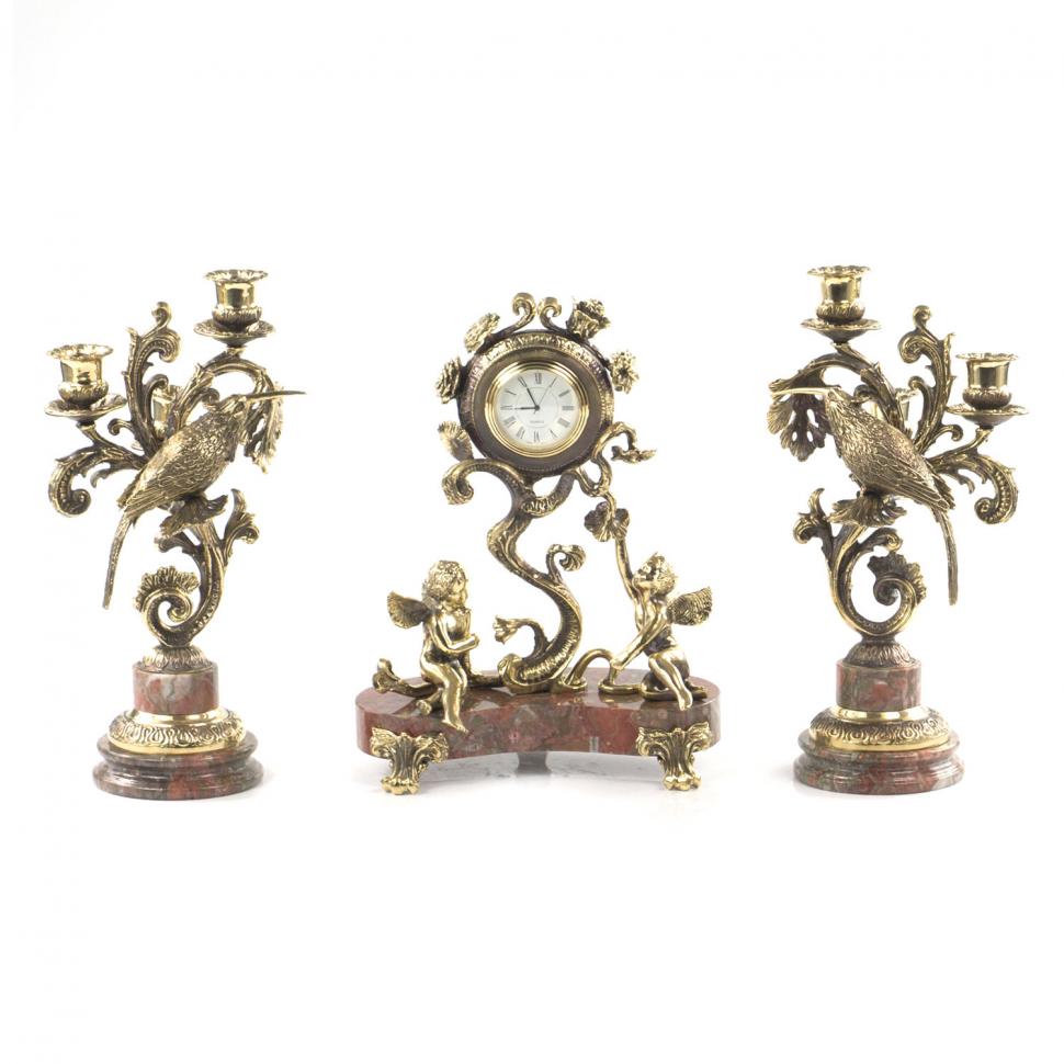 Каминные часы "Ангелы" с канделябрами из бронзы фото 1 — 