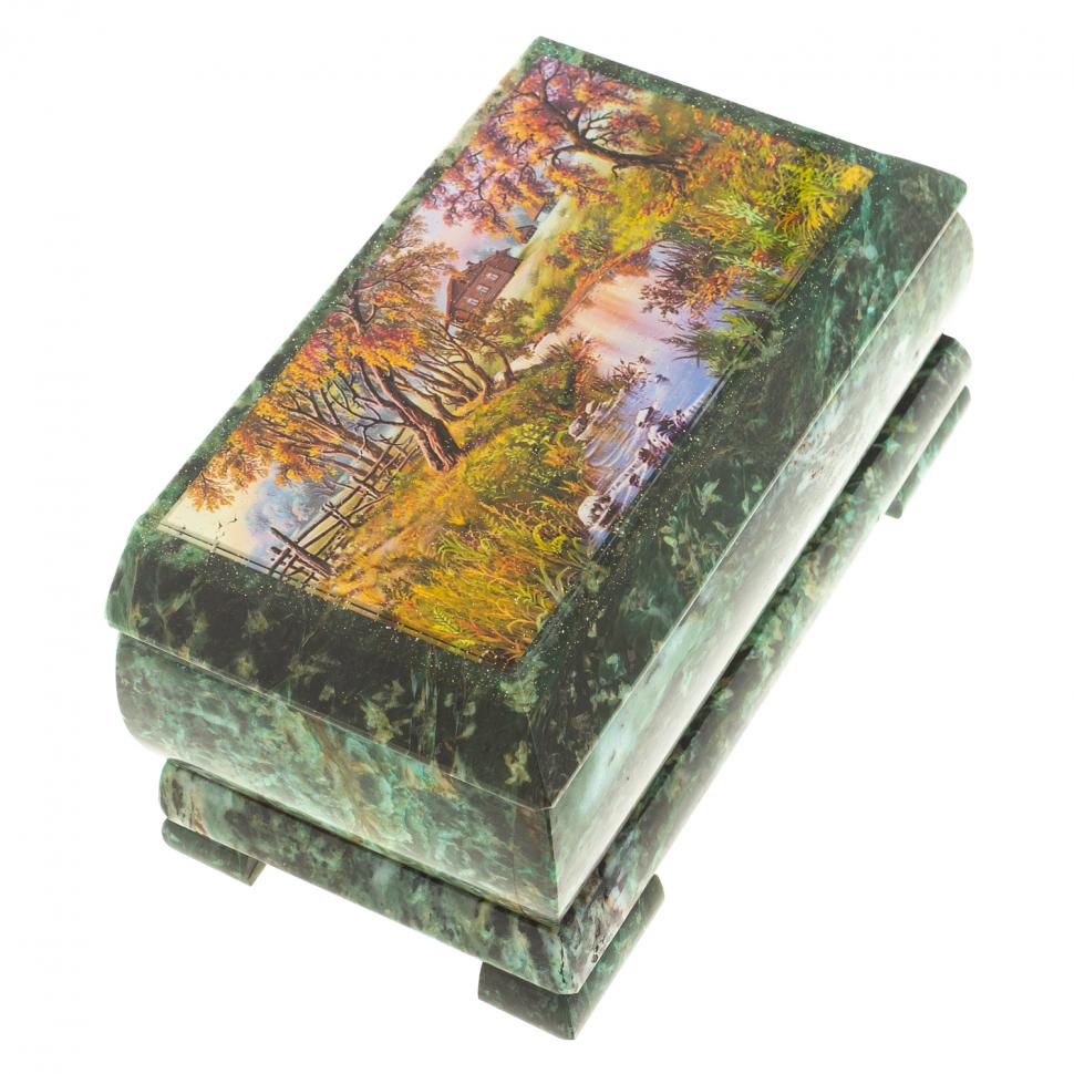Шкатулка с иллюстрацией "Домик у ручья" камень змеевик 17,5х9,5х7,5 см фото 1 — 