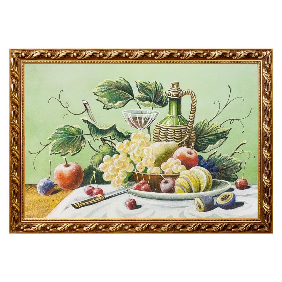Натюрморт "Фрукты с вином" багет 46х66 см, каменная крошка фото 1 — 