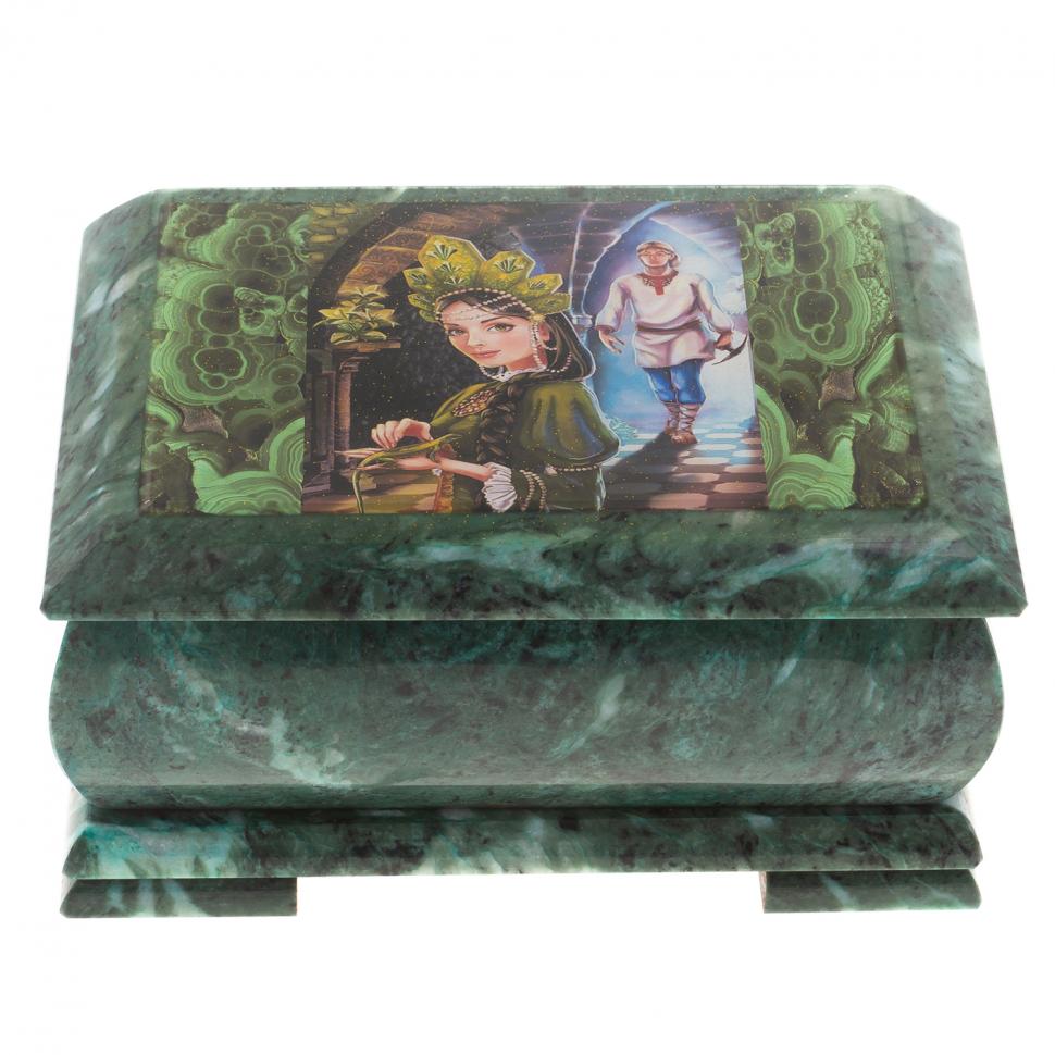 Шкатулка "Хозяйка медной горы и Данила мастер" змеевик 20х12,5х10,3 см фото 1 — 