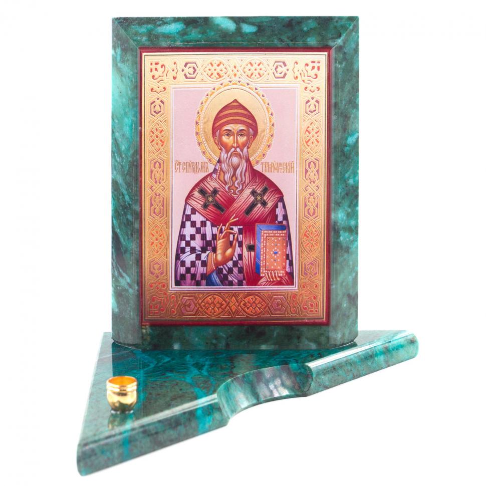 Икона с подсвечником Спиридон Тримифунтский из змеевика средняя фото 1 — 