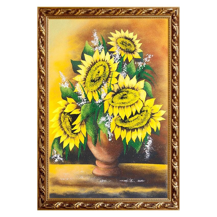Картина с рисунком из камня "Подсолнухи в вазе" багет 46х66 см фото 1 — 