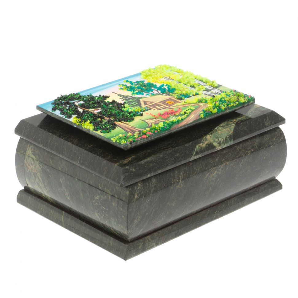 Шкатулка с рисунком "Летний домик в лесу" из змеевика 16х12х7,5 см фото 1 — 