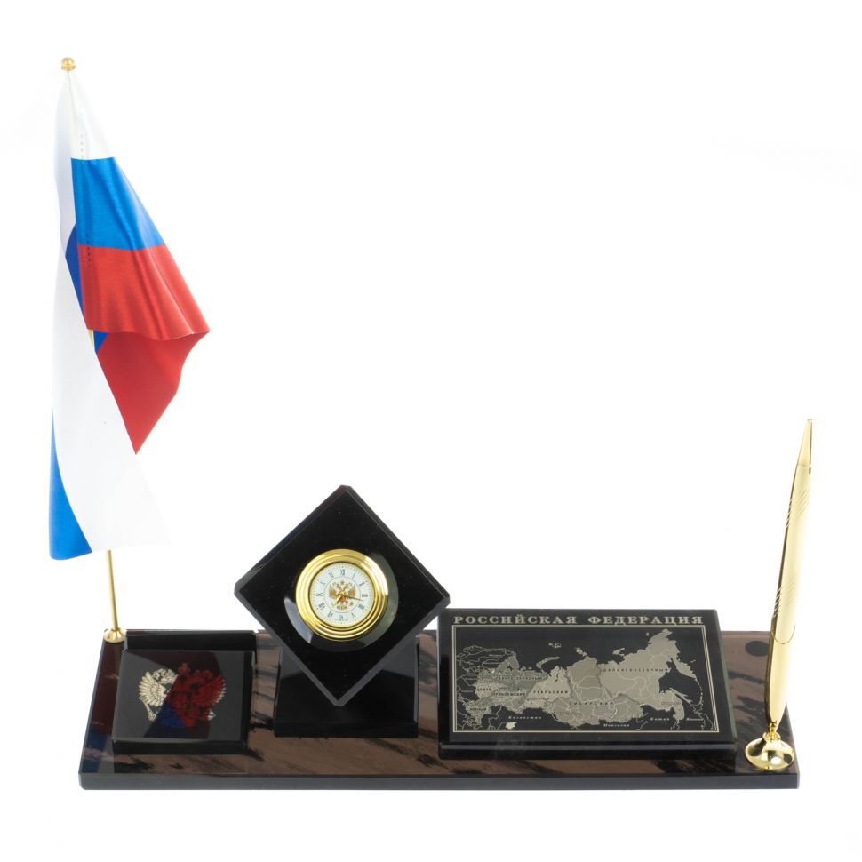 Письменный набор "Куб с картой РФ" камень черный обсидиан фото 1 — 