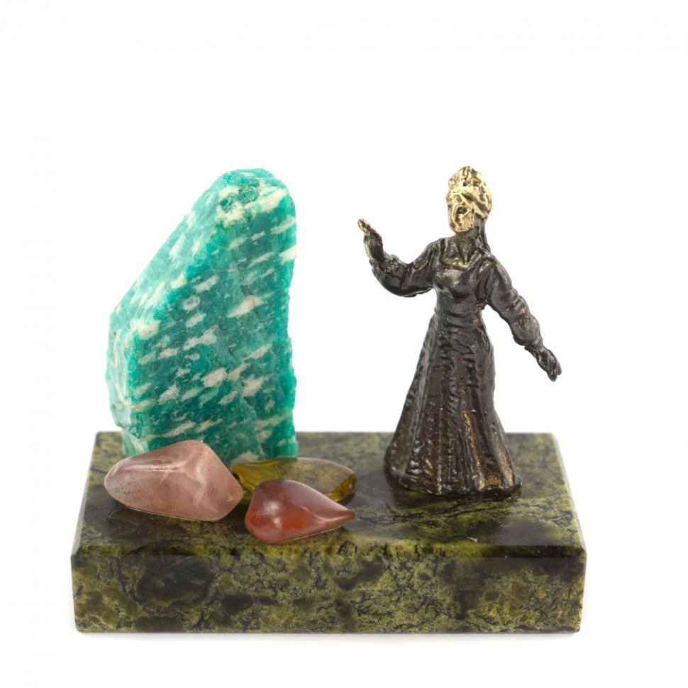 Бронзовая статуэтка "Хозяйка Медной Горы" из камня змеевика и амазонита фото 1 — 
