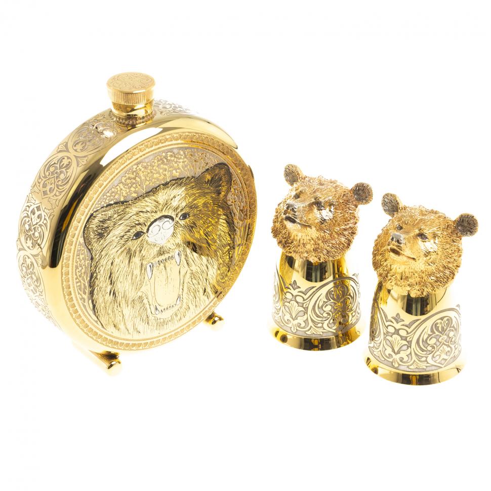 Подарочный набор "Медведь" фляжка и 2 стопки перевертыша Златоуст фото 1 — 