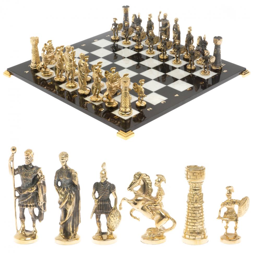 Шахматы с фигурами из бронзы "Римские" доска мрамор долерит 37х37 см фото 1 — 