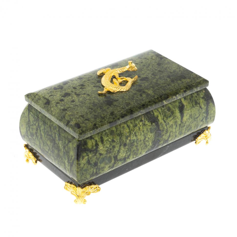 Шкатулка для украшений с ящерицей камень змеевик 10х5х6 см фото 1 — 