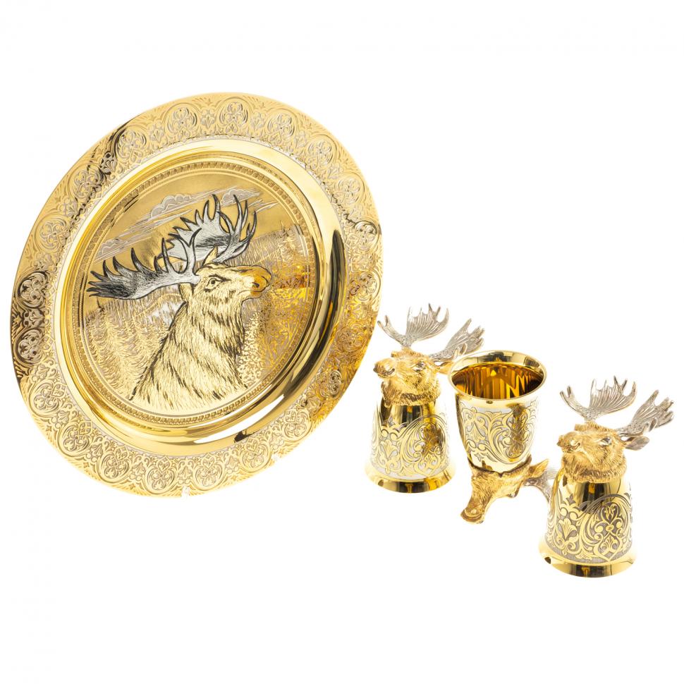 Подарочный набор "Лось" тарелка и 3 стопки перевертыша Златоуст фото 1 — 