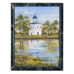 Картина &quot;Церковь на берегу&quot; рамка змеевик 36х46 см, каменная крошка — 