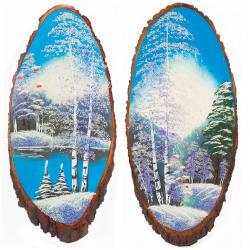 Панно на срезе дерева &quot;Зима&quot; вертикальное 85-90 см каменная крошка — 