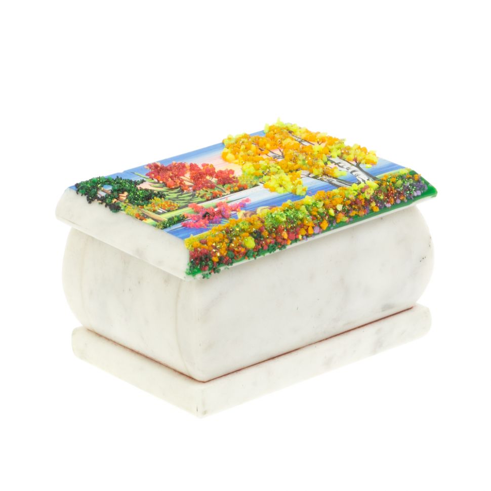 Шкатулка с рисунком "Осень" белый мрамор 10х6,5х6 см фото 1 — 