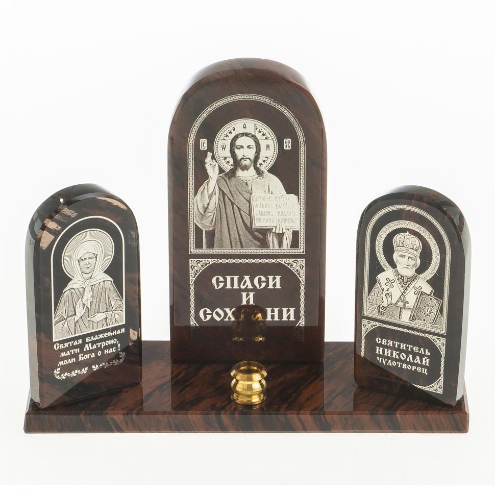 Икона триптих "Спаситель, Матрона, Николай" камень обсидиан фото 1 — 