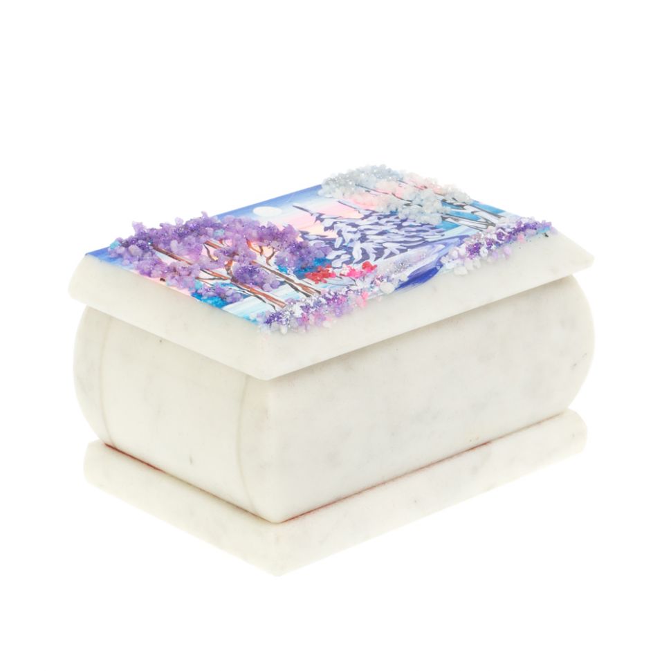 Шкатулка с рисунком "Зима" белый мрамор 10х6,5х6 см фото 1 — 