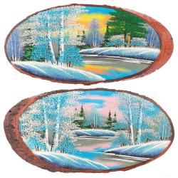 Панно на срезе дерева &quot;Зима&quot; горизонтальное 45-50 см каменная крошка — 