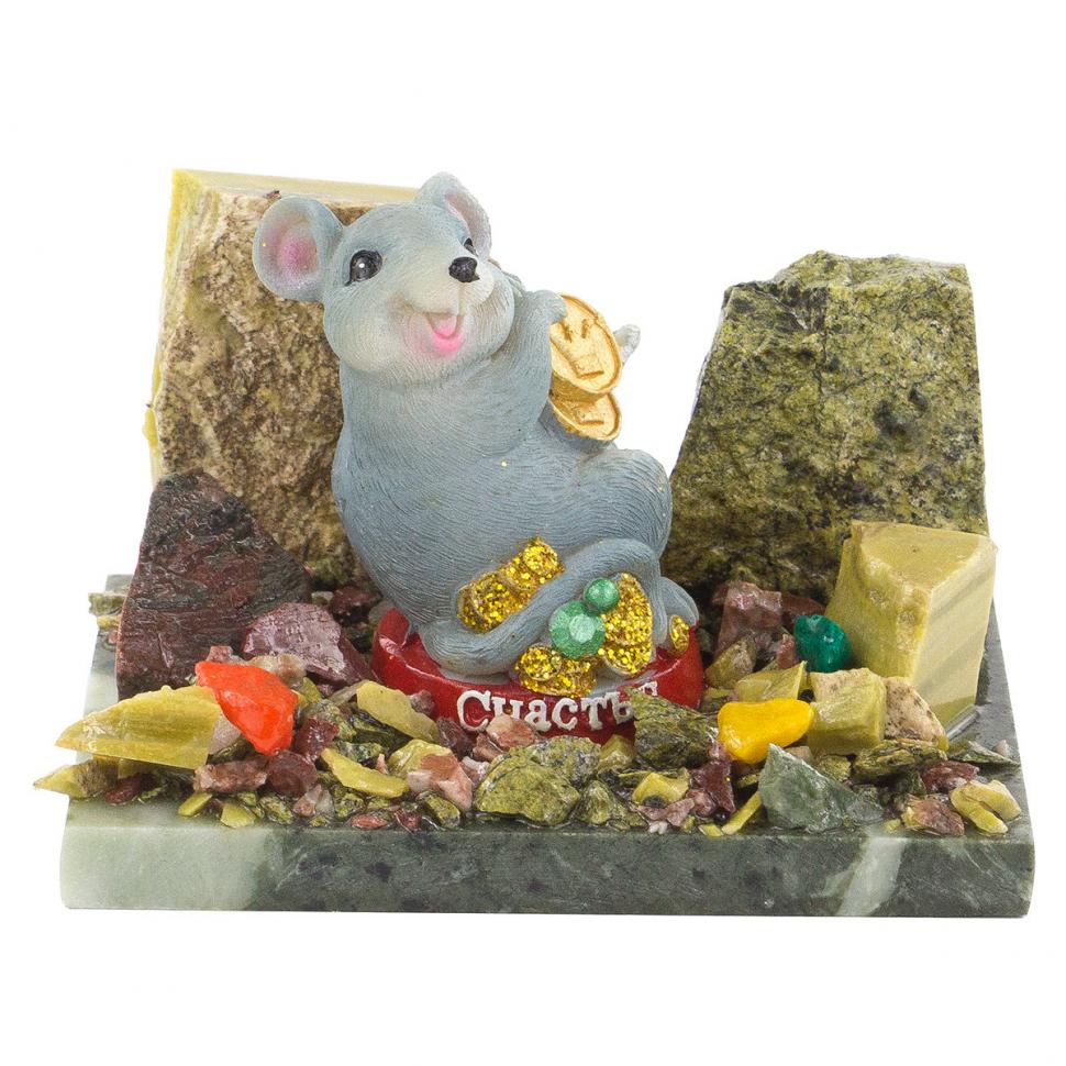Сувенир "Мышка с монетами" змеевик самоцветы фото 1 — 